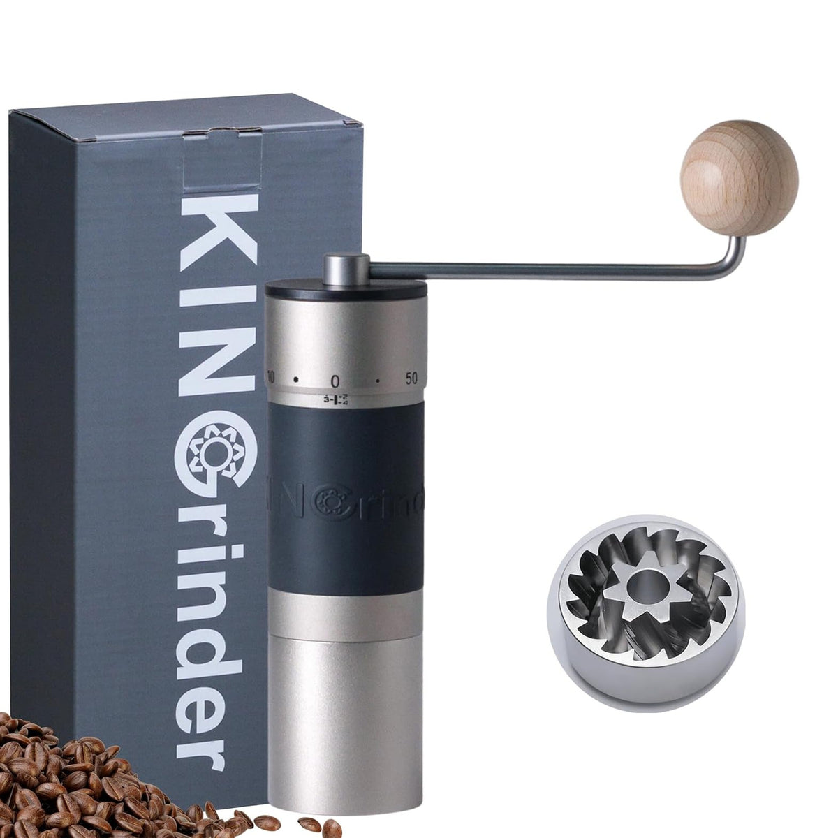 Molinillo manual KINGrinder K6 plateado junto a su caja y su muela heptagonal de acero