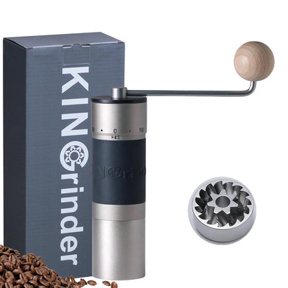 Molinillo manual KINGrinder K6 plateado junto a su caja y su muela heptagonal de acero