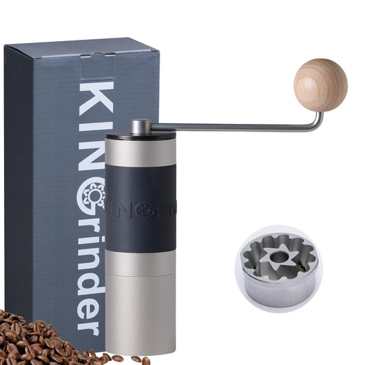 Molinillo manual KINGrinder K2 plateado junto a su caja y su muela de acero de 6 puntas