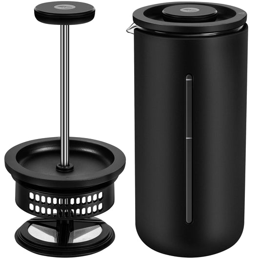 Timemore U French Press negra y vista de su émbolo